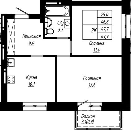 Продажа 2-комнатной квартиры 47,7 м², 11/16 этаж