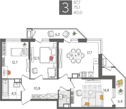 Продажа 3-комнатной квартиры 87,7 м², 15/24 этаж