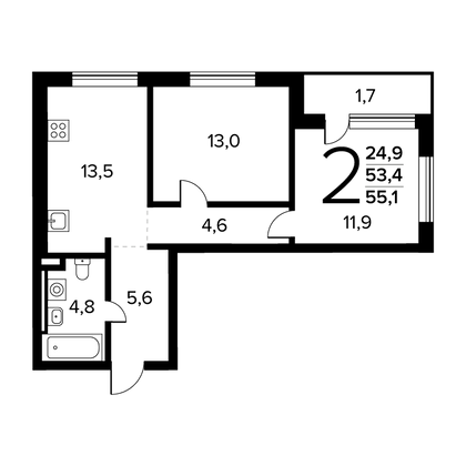 55,1 м², 2-комн. квартира, 2/14 этаж