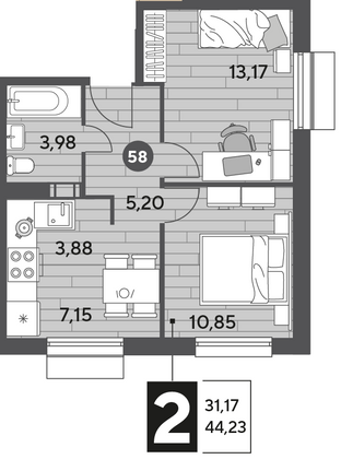 Продажа 2-комнатной квартиры 44,2 м², 9/9 этаж
