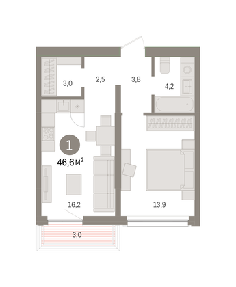 Продажа 1-комнатной квартиры 46,6 м², 5/8 этаж