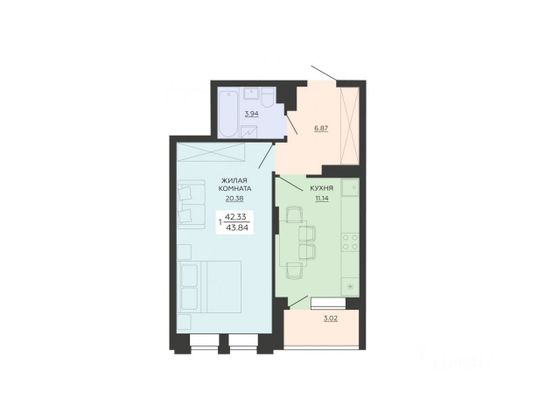 Продажа 1-комнатной квартиры 43,8 м², 3/22 этаж