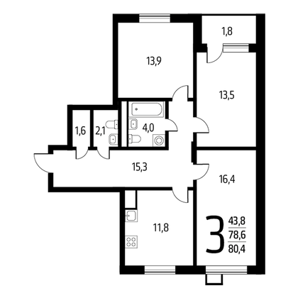 80,4 м², 3-комн. квартира, 4/8 этаж