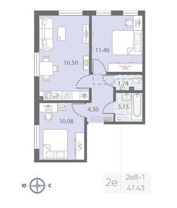 Продажа 2-комнатной квартиры 47,4 м², 2/23 этаж