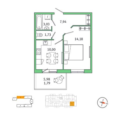 42,9 м², 1-комн. квартира, 1/5 этаж