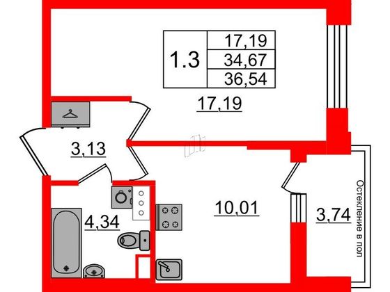 Продажа 1-комнатной квартиры 34,7 м², 2/12 этаж