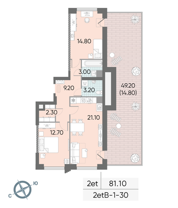 Продажа 2-комнатной квартиры 81,1 м², 30/58 этаж