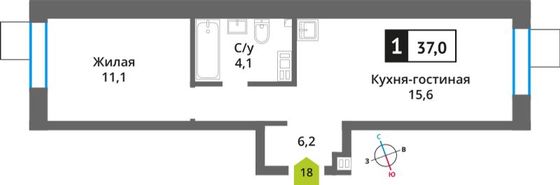 Продажа 1-комнатной квартиры 37 м², 3/6 этаж