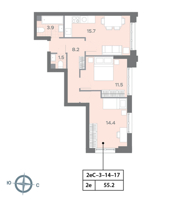 Продажа 2-комнатной квартиры 55,3 м², 14/32 этаж
