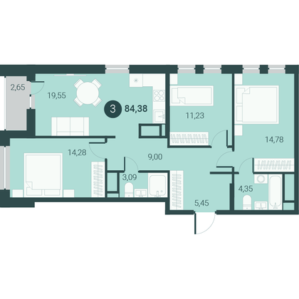 84,4 м², 3-комн. квартира, 8/23 этаж