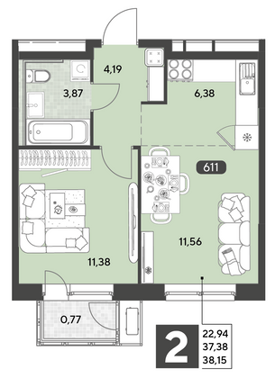 Продажа 2-комнатной квартиры 38,2 м², 5/25 этаж