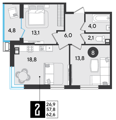 Продажа 2-комнатной квартиры 62,6 м², 3/16 этаж