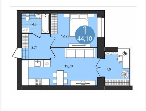 Продажа 1-комнатной квартиры 44,1 м², 1/4 этаж