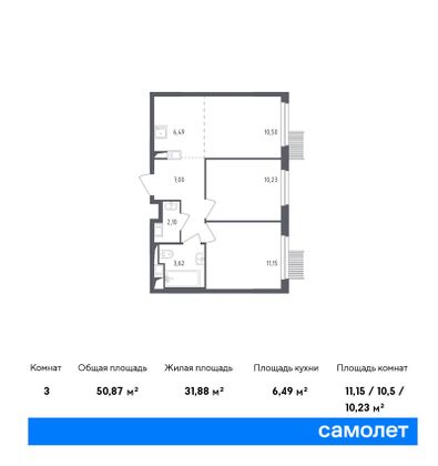 Продажа 3-комнатной квартиры 50,9 м², 7/17 этаж