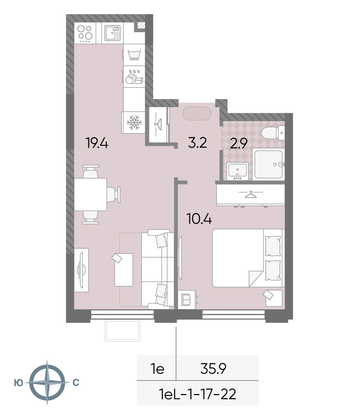 35,9 м², 1-комн. квартира, 17/24 этаж