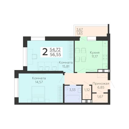 Продажа 2-комнатной квартиры 56,5 м², 9/19 этаж