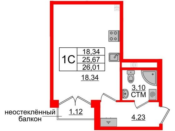 Продажа квартиры-студии 25,7 м², 3/4 этаж