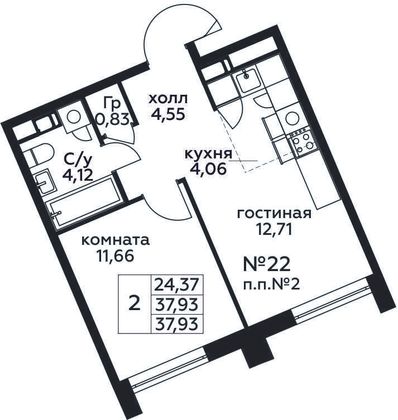 Продажа 2-комнатной квартиры 37,9 м², 4/24 этаж