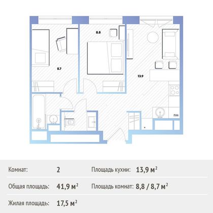 Продажа 2-комнатной квартиры 42 м², 8/30 этаж