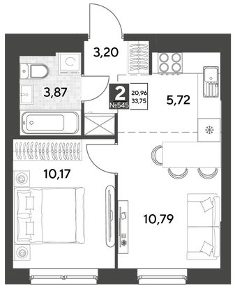 Продажа 2-комнатной квартиры 33,8 м², 1/25 этаж