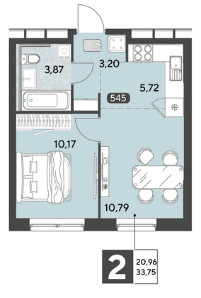 Продажа 2-комнатной квартиры 33,8 м², 1/25 этаж