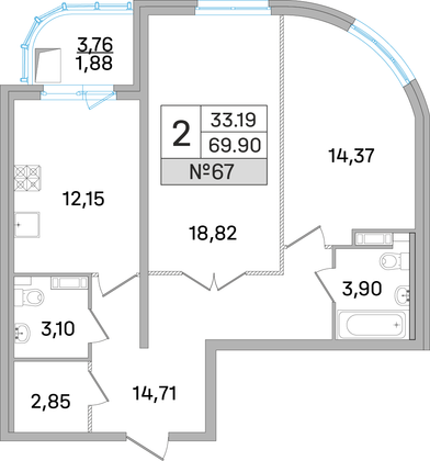 69,9 м², 2-комн. квартира, 16 этаж