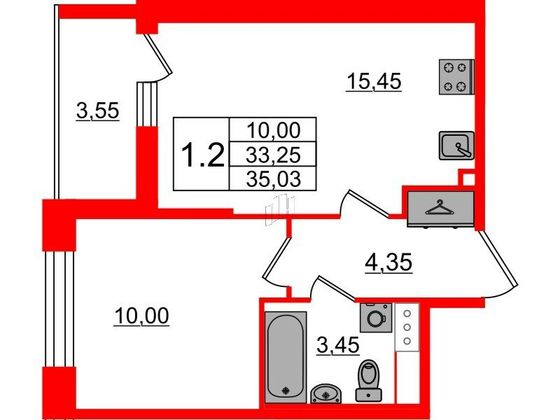 Продажа 1-комнатной квартиры 33,3 м², 2/12 этаж