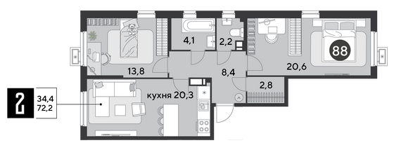 Продажа 2-комнатной квартиры 72,2 м², 10/18 этаж