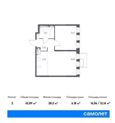 42,9 м², 2-комн. квартира, 13/17 этаж