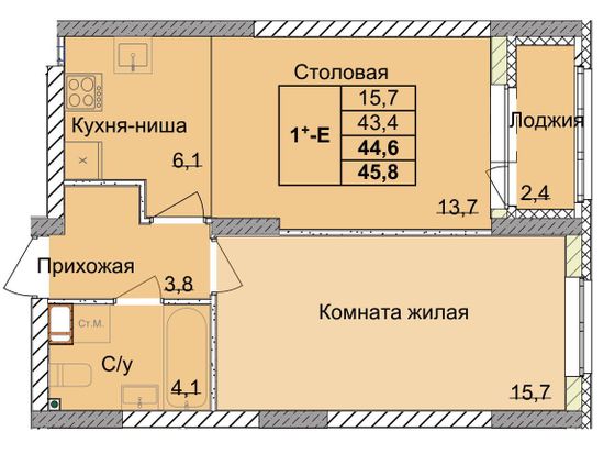 Продажа 1-комнатной квартиры 44,6 м², 5/18 этаж