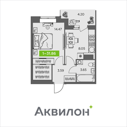 31,9 м², 1-комн. квартира, 2/9 этаж