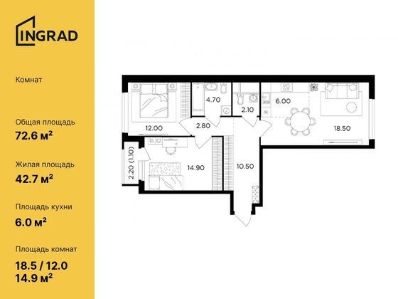 72,6 м², 3-комн. квартира, 7/22 этаж