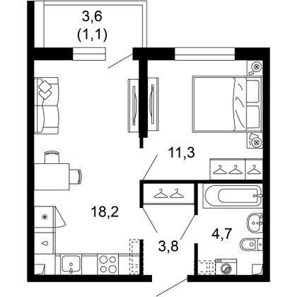 39,1 м², 1-комн. квартира, 1/17 этаж