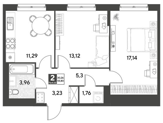 Продажа 2-комнатной квартиры 55,8 м², 8/21 этаж