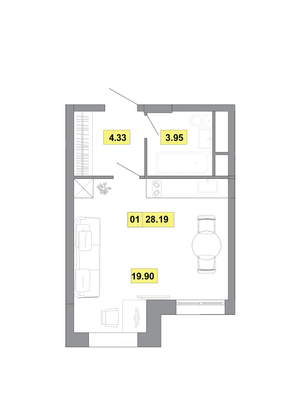 28,2 м², 1-комн. квартира, 9 этаж
