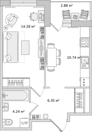 38,5 м², 1-комн. квартира, 14/16 этаж