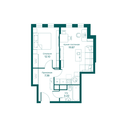 42,7 м², 1-комн. квартира, 1/5 этаж