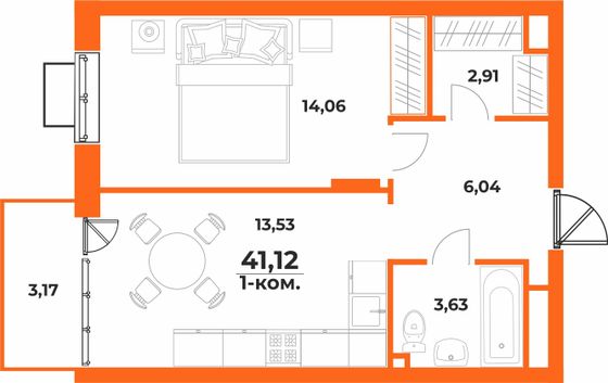 Продажа 1-комнатной квартиры 41,1 м², 9/10 этаж