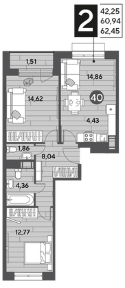 Продажа 2-комнатной квартиры 62,5 м², 9/9 этаж