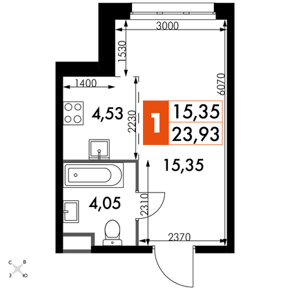 23,9 м², 1-комн. квартира, 5/15 этаж