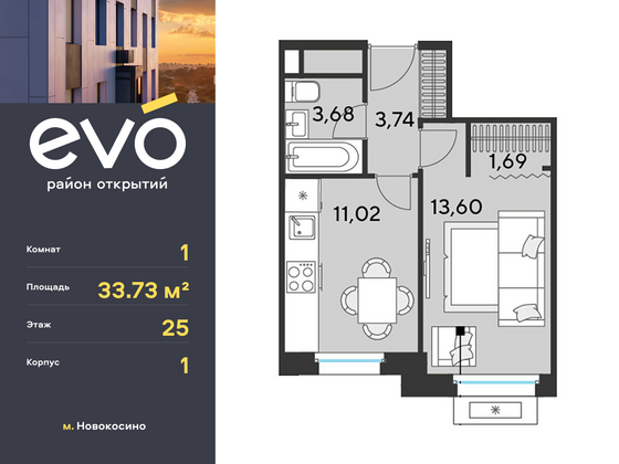 33,7 м², 1-комн. квартира, 25/25 этаж