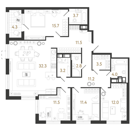 122,8 м², 4-комн. квартира, 23/23 этаж