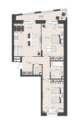 Продажа 3-комнатной квартиры 79,1 м², 2/22 этаж