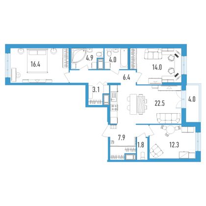 Продажа 3-комнатной квартиры 95,3 м², 10/18 этаж