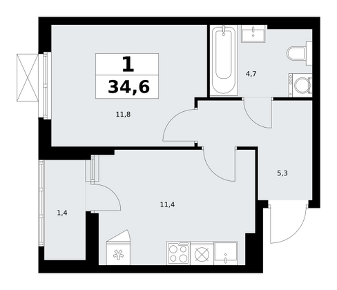 34,6 м², своб. планировка, 6/18 этаж