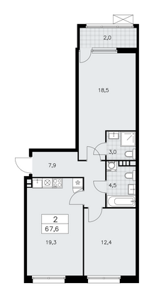 67,6 м², своб. планировка, 3/12 этаж