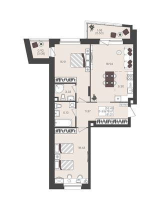 Продажа 3-комнатной квартиры 81,2 м², 2/22 этаж