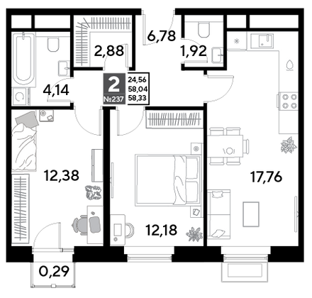 Продажа 2-комнатной квартиры 58,3 м², 21/25 этаж
