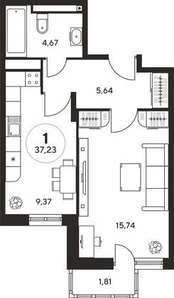 36,8 м², 1-комн. квартира, 6 этаж