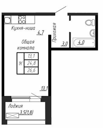 26,6 м², 1-комн. квартира, 11/17 этаж